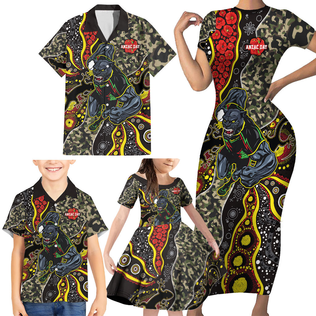 Personalized Penrith Panthers ANZAC Family Matching Short Sleeve Bodycon Dress and Hawaiian Shirt Aboriginal Indigenous Poppy Panther Warrior