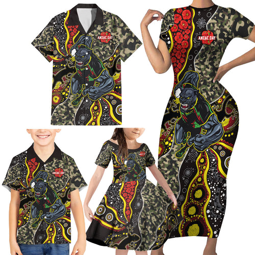 Personalized Penrith Panthers ANZAC Family Matching Short Sleeve Bodycon Dress and Hawaiian Shirt Aboriginal Indigenous Poppy Panther Warrior