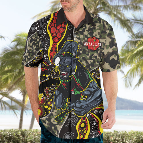 Personalized Penrith Panthers ANZAC Hawaiian Shirt Aboriginal Indigenous Poppy Panther Warrior