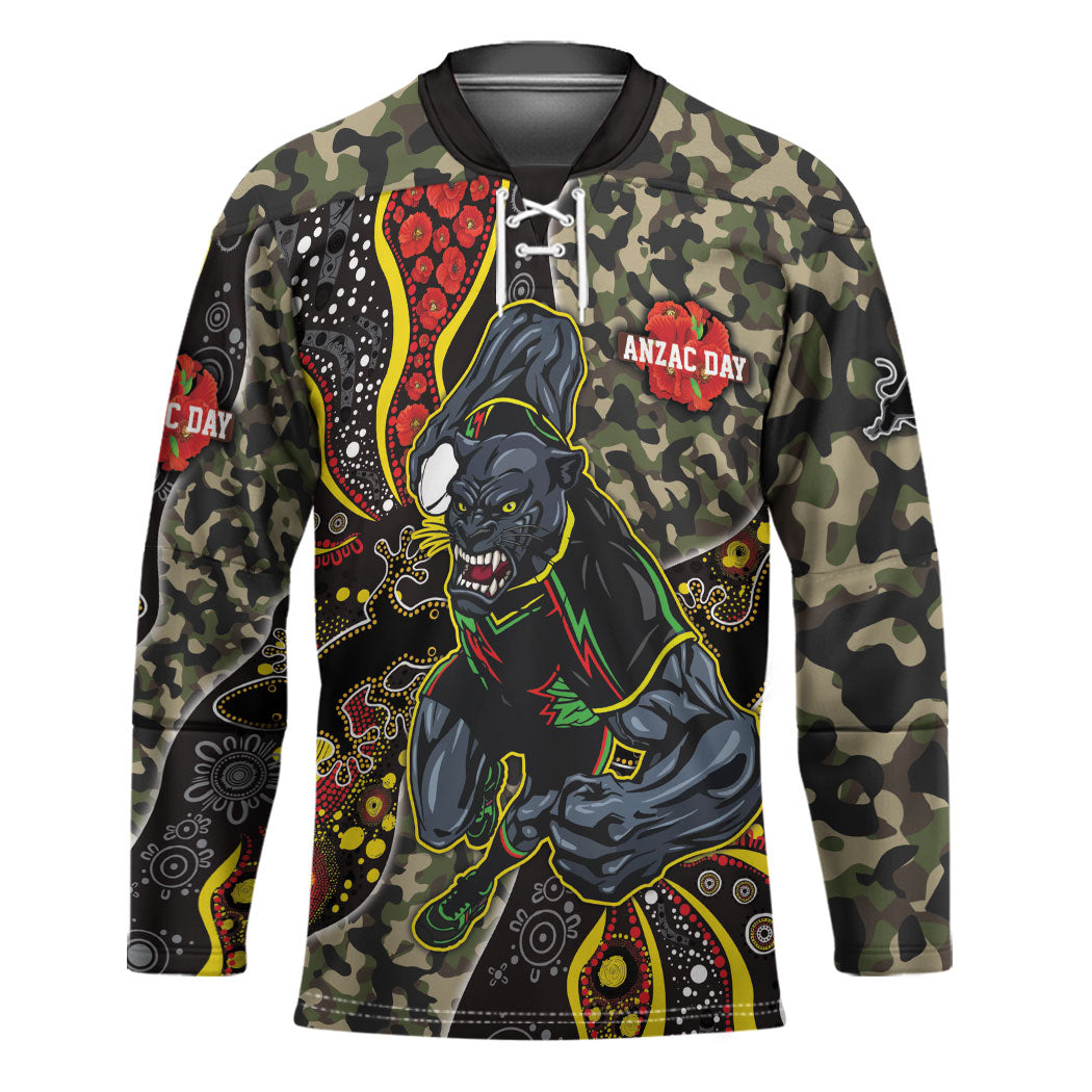 Personalized Penrith Panthers ANZAC Hockey Jersey Aboriginal Indigenous Poppy Panther Warrior