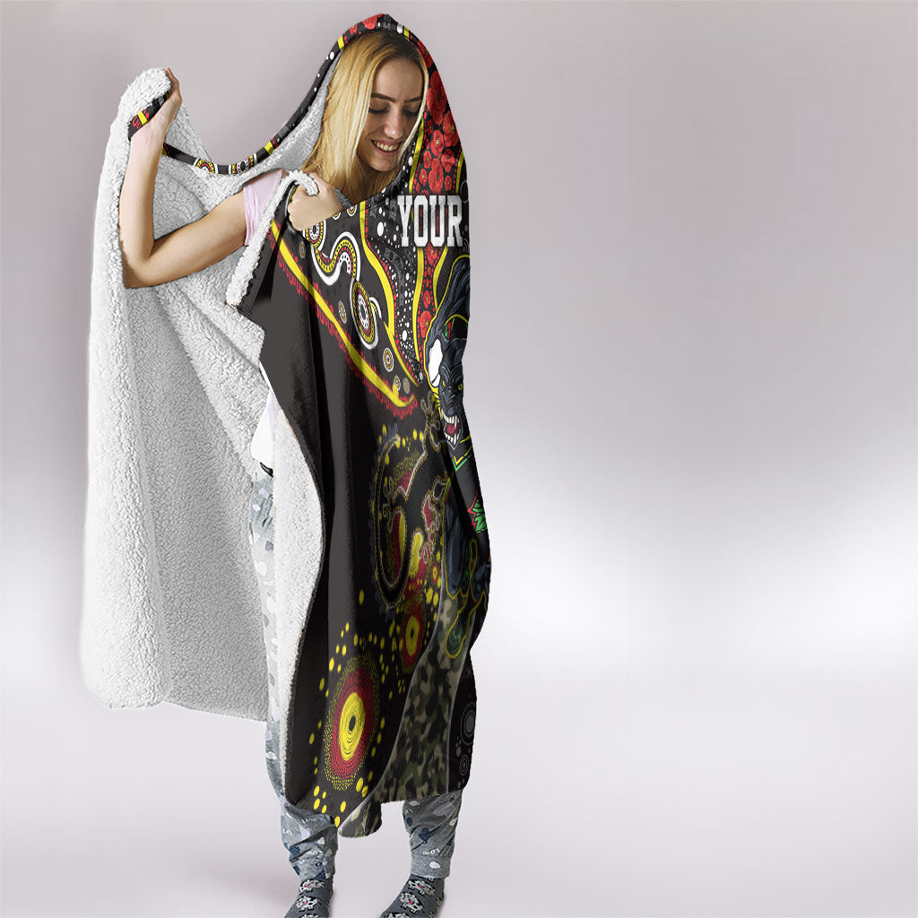 Personalized Penrith Panthers ANZAC Hooded Blanket Aboriginal Indigenous Poppy Panther Warrior