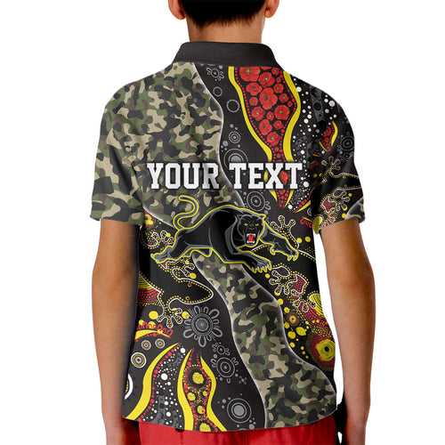 Personalized Penrith Panthers ANZAC Kid Polo Shirt Aboriginal Indigenous Poppy Panther Warrior