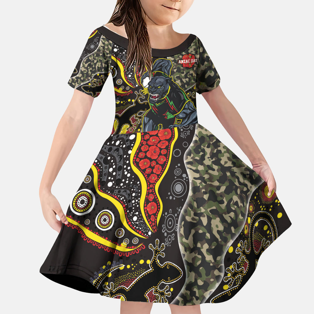 Personalized Penrith Panthers ANZAC Kid Short Sleeve Dress Aboriginal Indigenous Poppy Panther Warrior