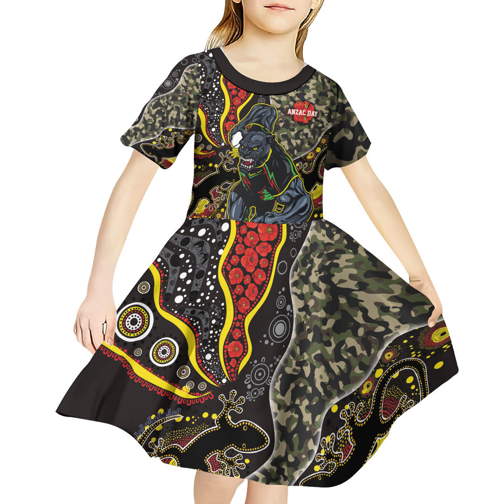 Personalized Penrith Panthers ANZAC Kid Short Sleeve Dress Aboriginal Indigenous Poppy Panther Warrior
