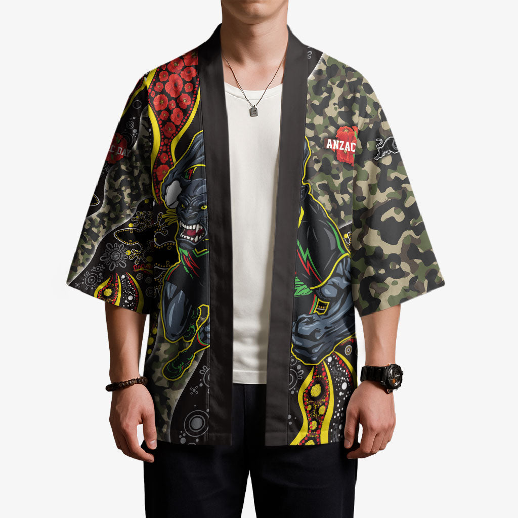 Personalized Penrith Panthers ANZAC Kimono Aboriginal Indigenous Poppy Panther Warrior
