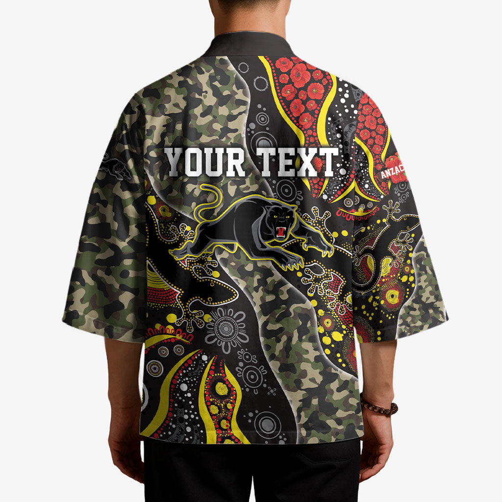 Personalized Penrith Panthers ANZAC Kimono Aboriginal Indigenous Poppy Panther Warrior