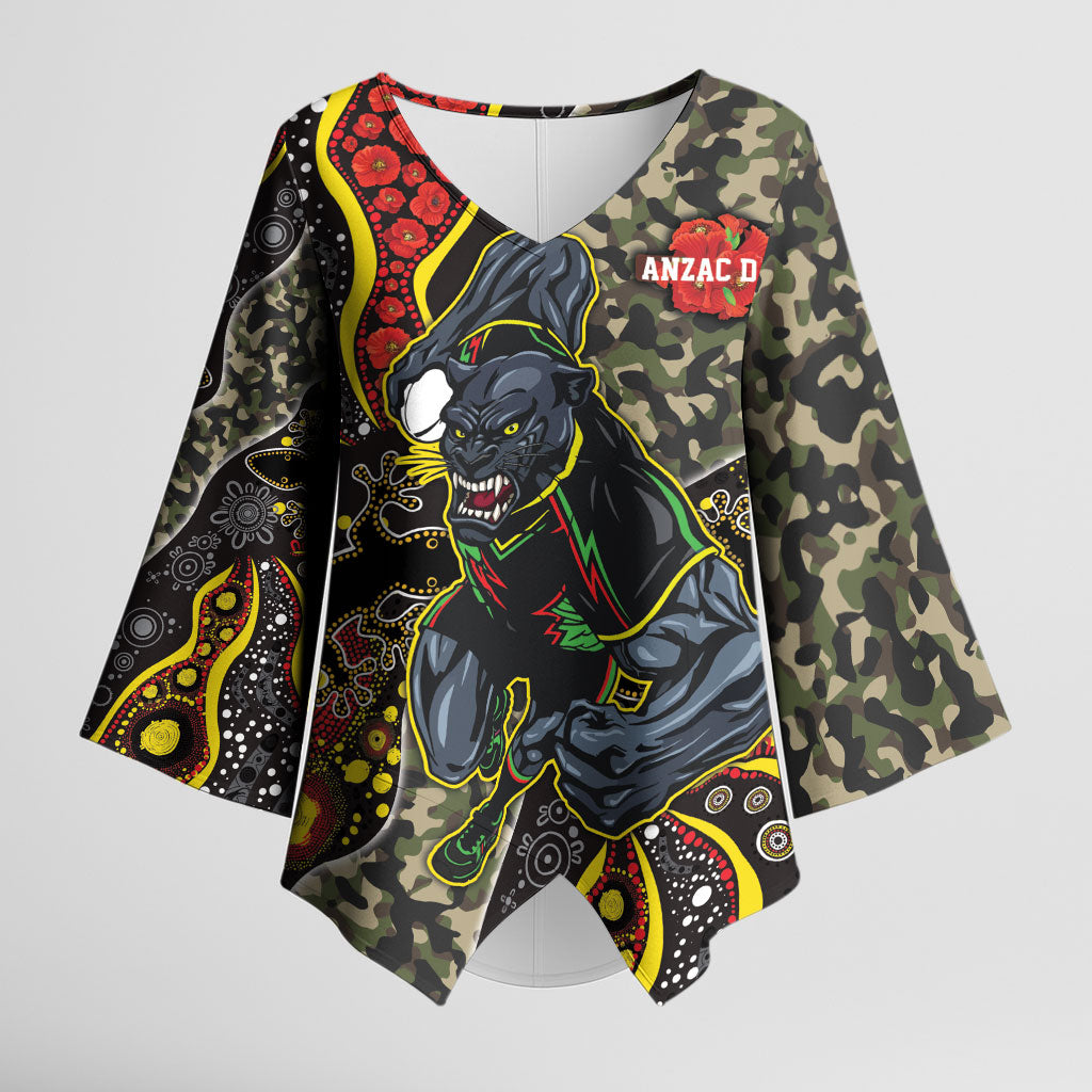 Personalized Penrith Panthers ANZAC Kimono Sleeve Blouse Aboriginal Indigenous Poppy Panther Warrior