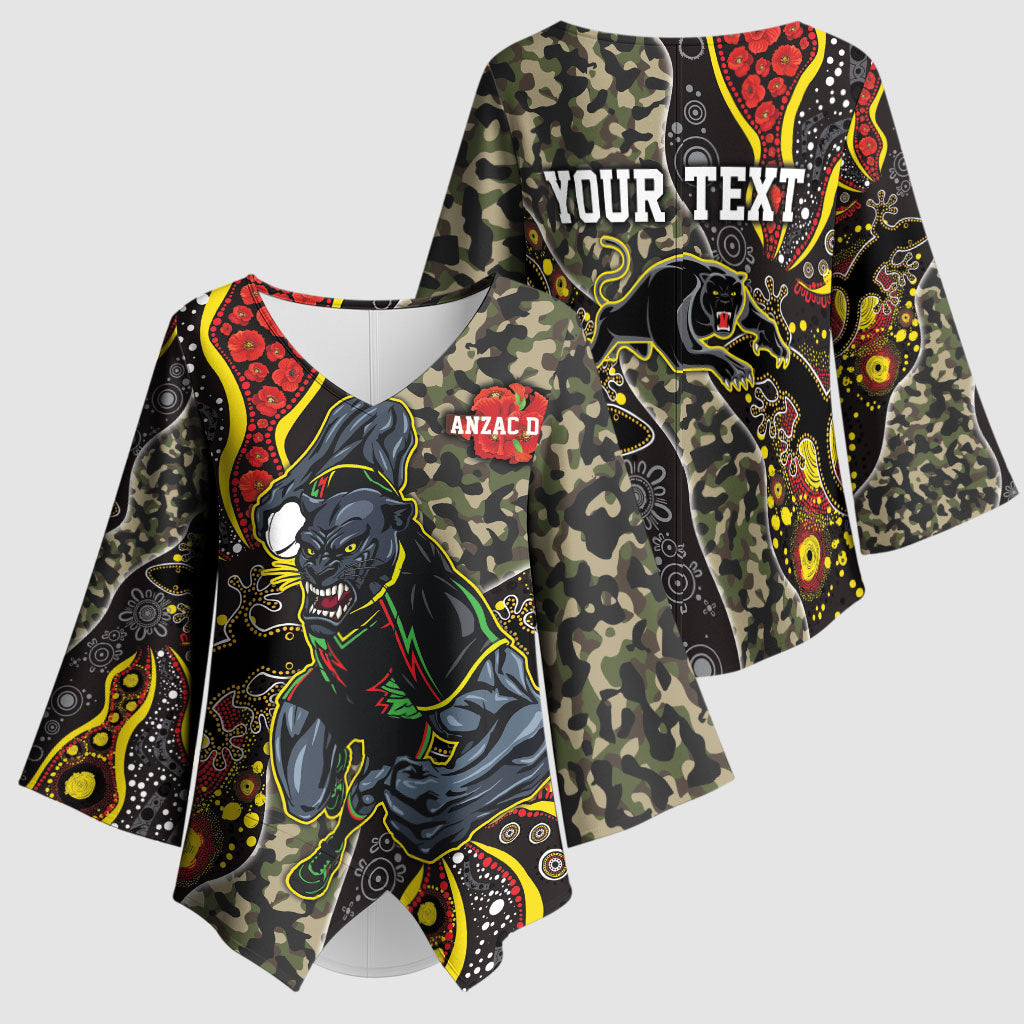 Personalized Penrith Panthers ANZAC Kimono Sleeve Blouse Aboriginal Indigenous Poppy Panther Warrior