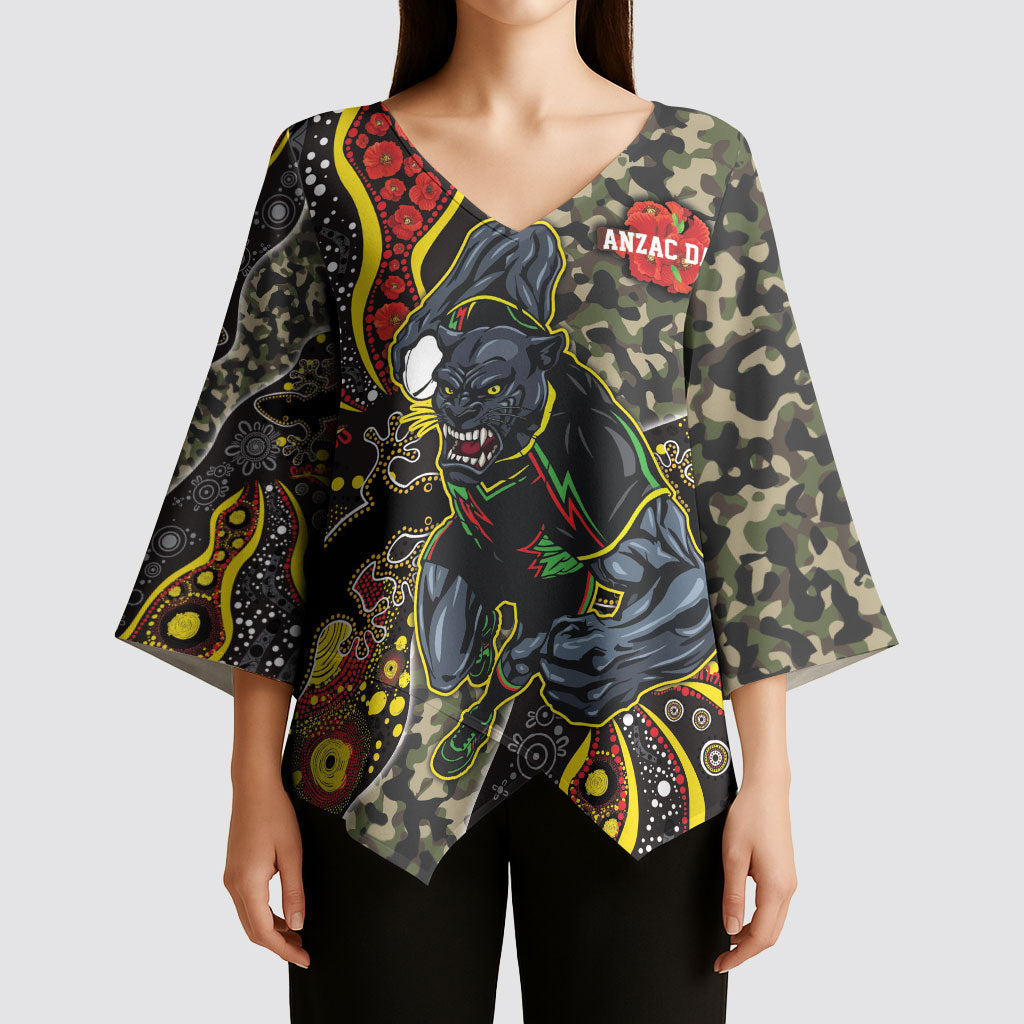 Personalized Penrith Panthers ANZAC Kimono Sleeve Blouse Aboriginal Indigenous Poppy Panther Warrior