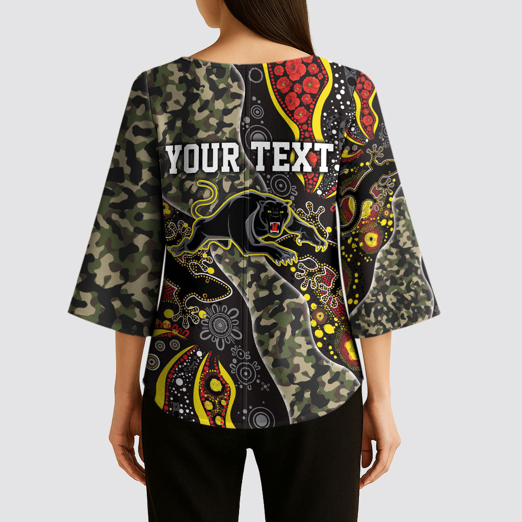 Personalized Penrith Panthers ANZAC Kimono Sleeve Blouse Aboriginal Indigenous Poppy Panther Warrior