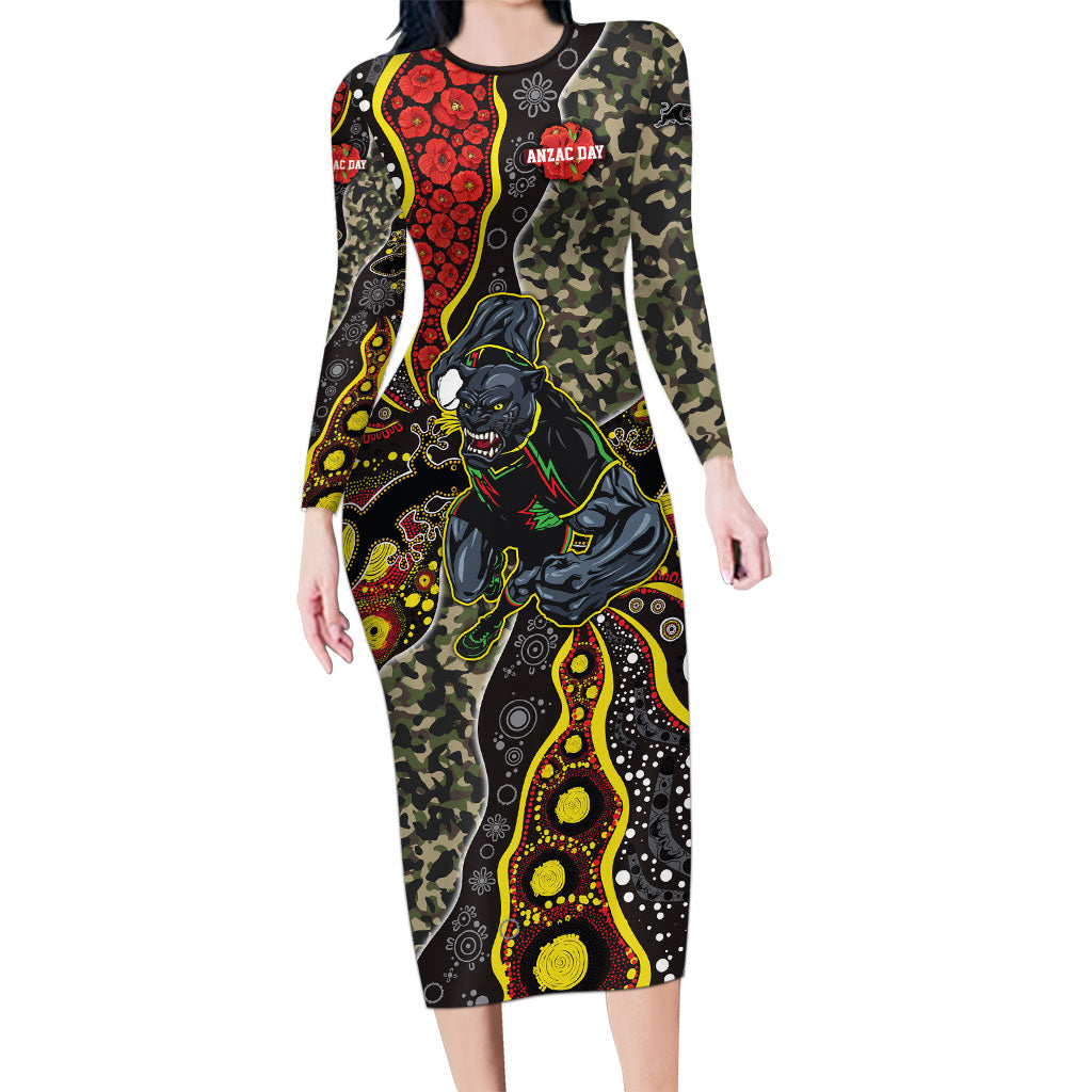 Personalized Penrith Panthers ANZAC Long Sleeve Bodycon Dress Aboriginal Indigenous Poppy Panther Warrior