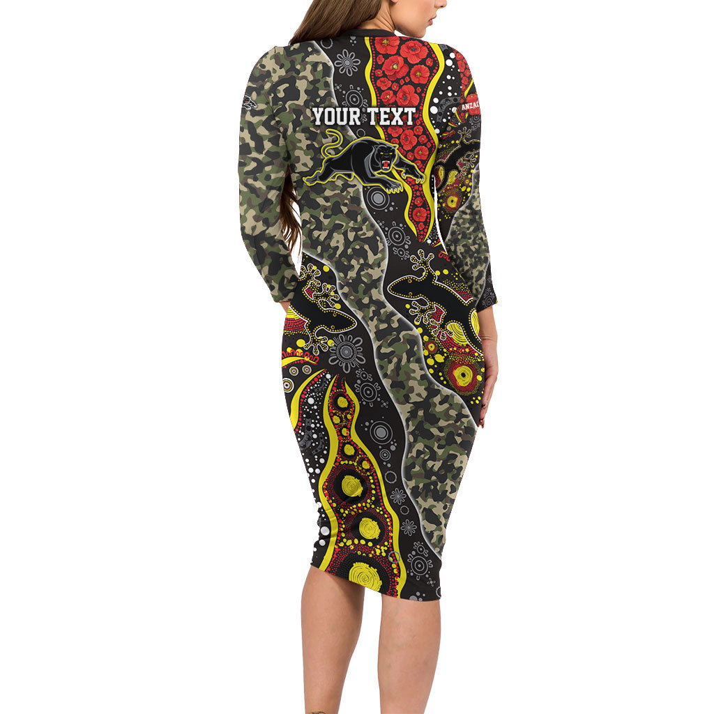 Personalized Penrith Panthers ANZAC Long Sleeve Bodycon Dress Aboriginal Indigenous Poppy Panther Warrior