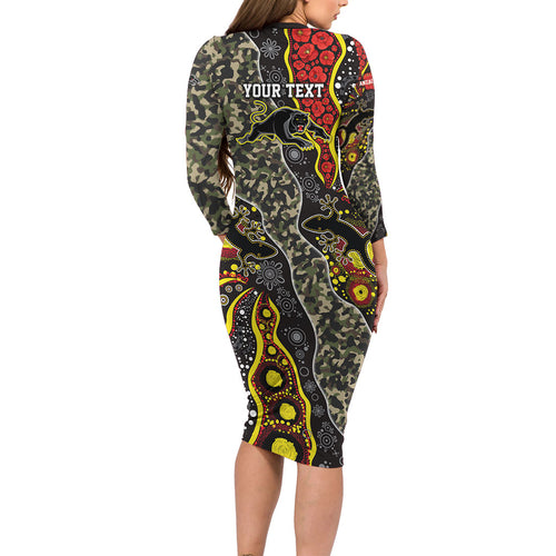 Personalized Penrith Panthers ANZAC Long Sleeve Bodycon Dress Aboriginal Indigenous Poppy Panther Warrior