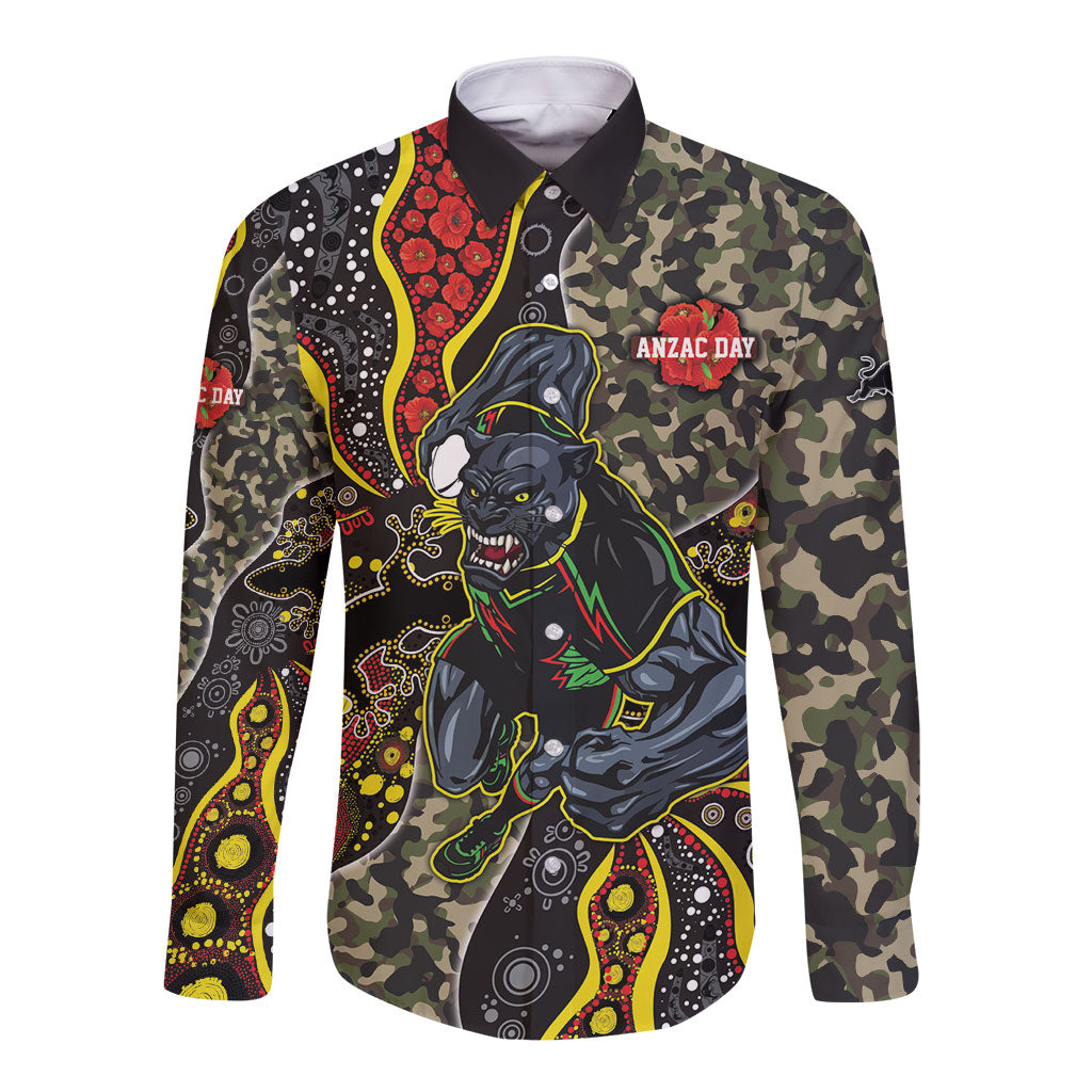 Personalized Penrith Panthers ANZAC Long Sleeve Button Shirt Aboriginal Indigenous Poppy Panther Warrior