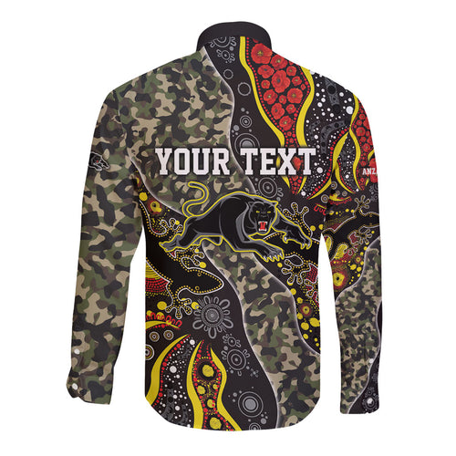 Personalized Penrith Panthers ANZAC Long Sleeve Button Shirt Aboriginal Indigenous Poppy Panther Warrior