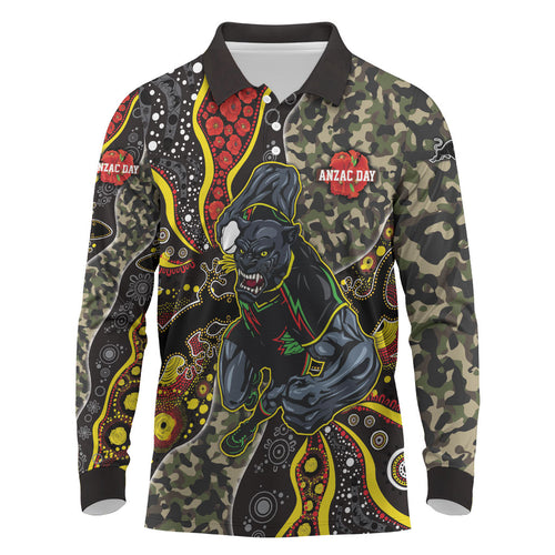 Personalized Penrith Panthers ANZAC Long Sleeve Polo Shirt Aboriginal Indigenous Poppy Panther Warrior