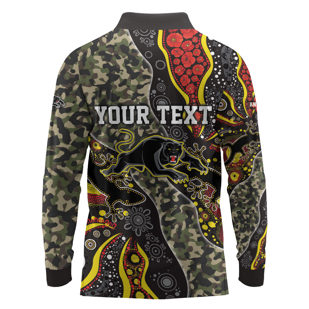 Personalized Penrith Panthers ANZAC Long Sleeve Polo Shirt Aboriginal Indigenous Poppy Panther Warrior