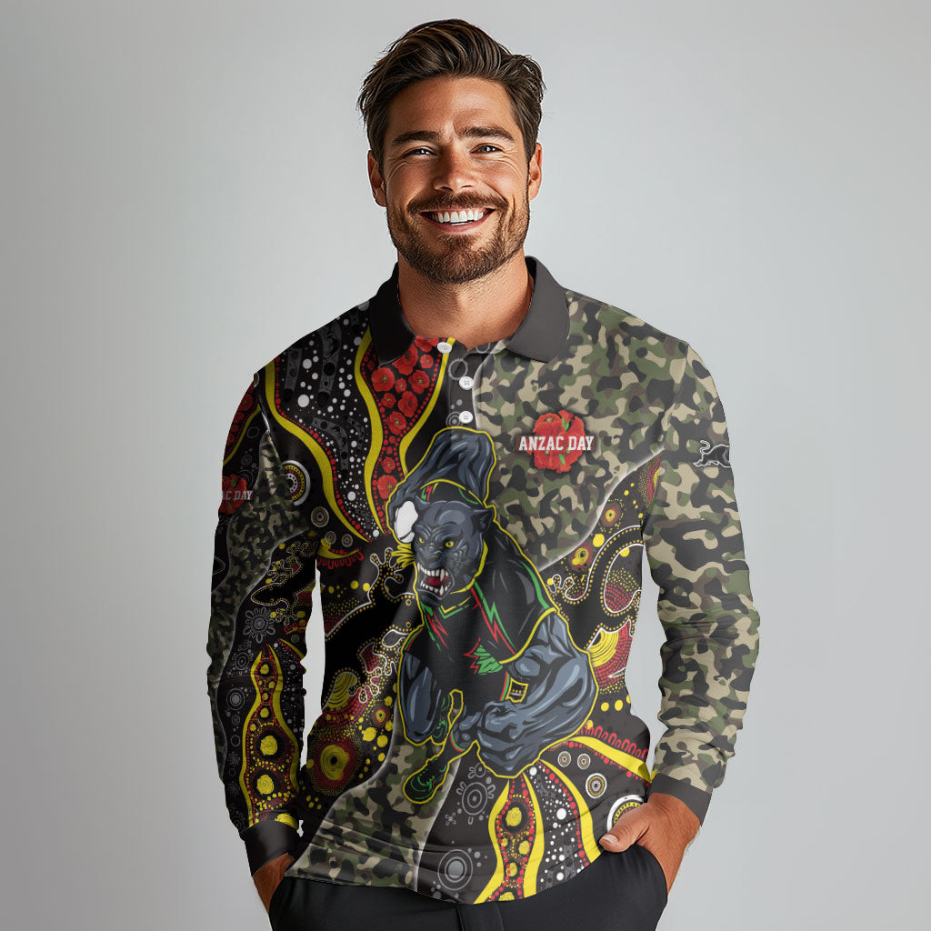 Personalized Penrith Panthers ANZAC Long Sleeve Polo Shirt Aboriginal Indigenous Poppy Panther Warrior