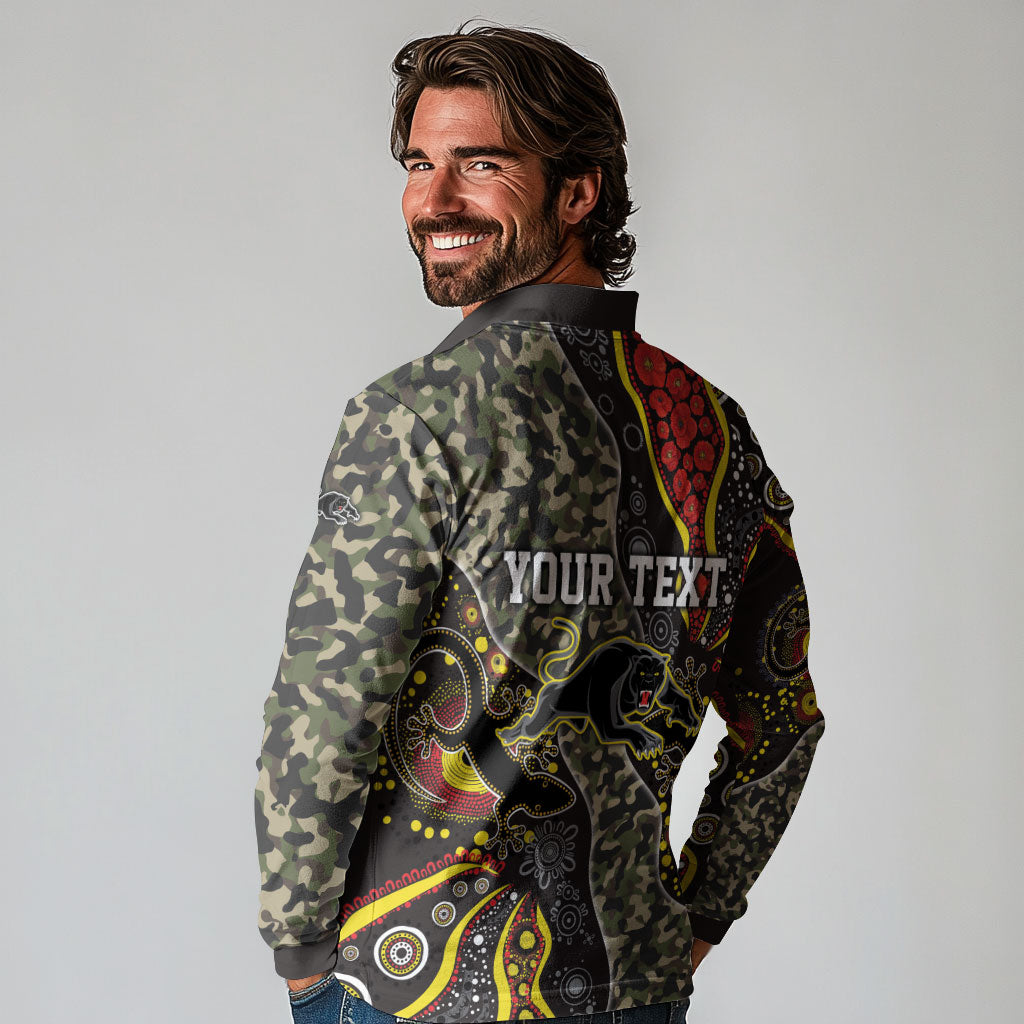 Personalized Penrith Panthers ANZAC Long Sleeve Polo Shirt Aboriginal Indigenous Poppy Panther Warrior