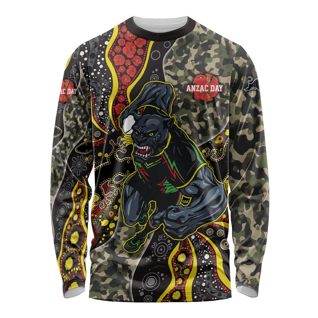 Personalized Penrith Panthers ANZAC Long Sleeve Shirt Aboriginal Indigenous Poppy Panther Warrior