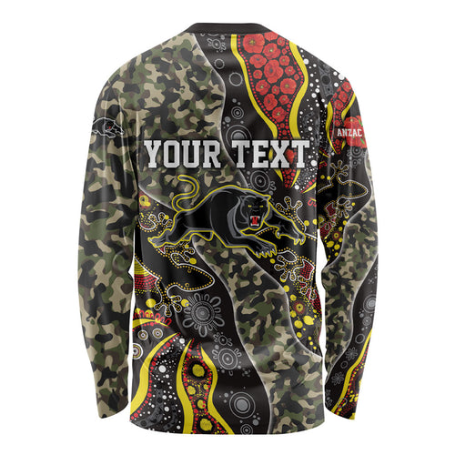 Personalized Penrith Panthers ANZAC Long Sleeve Shirt Aboriginal Indigenous Poppy Panther Warrior