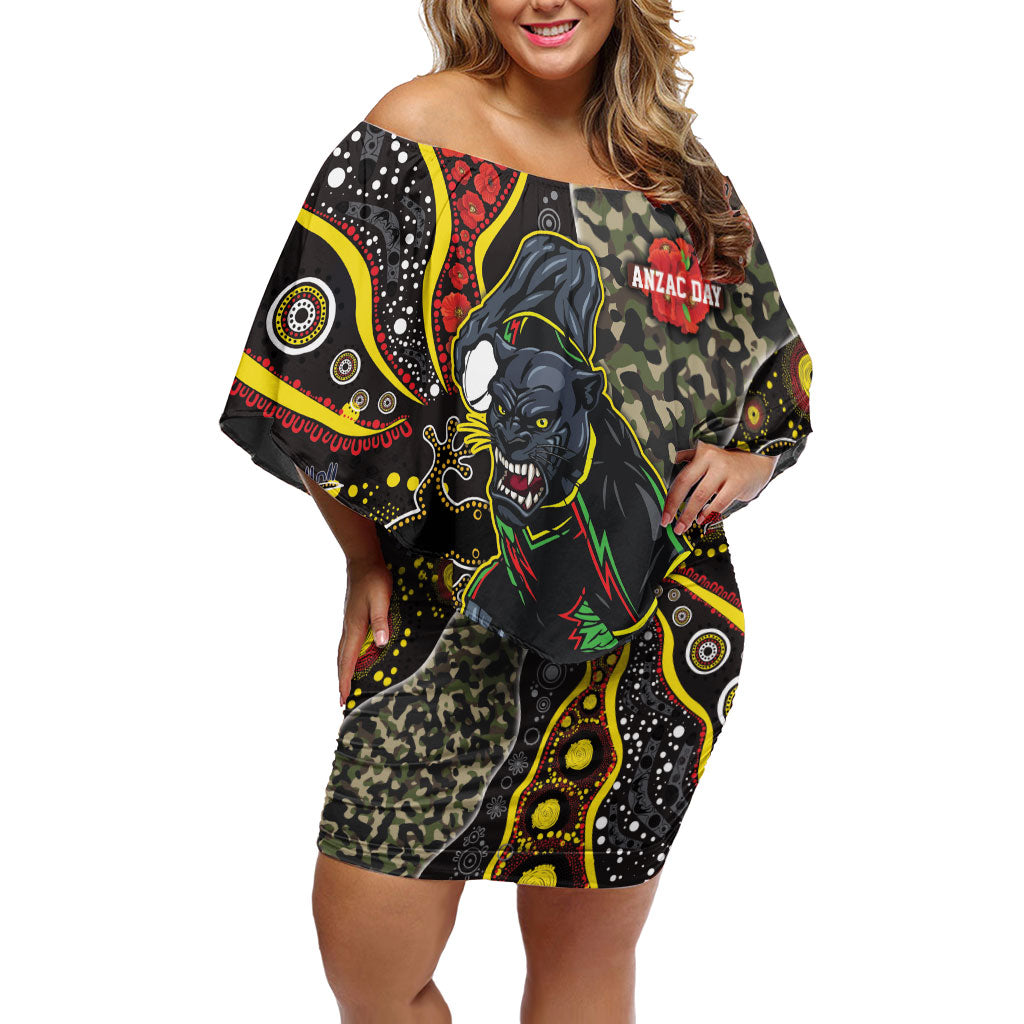 Personalized Penrith Panthers ANZAC Off Shoulder Short Dress Aboriginal Indigenous Poppy Panther Warrior