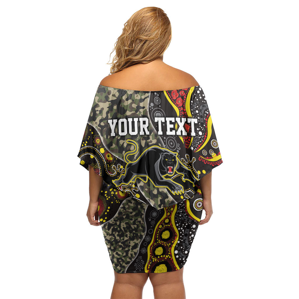 Personalized Penrith Panthers ANZAC Off Shoulder Short Dress Aboriginal Indigenous Poppy Panther Warrior