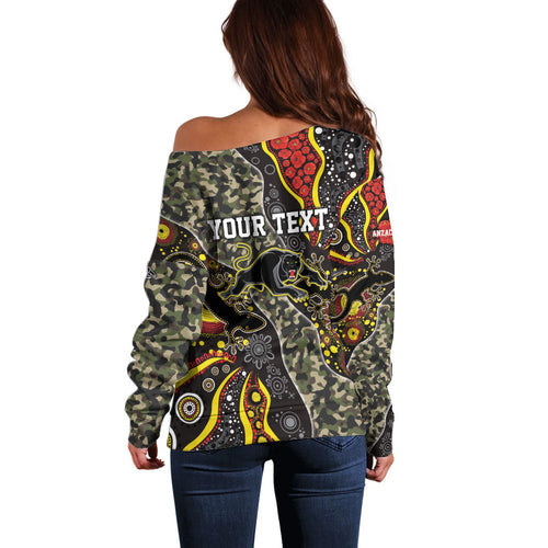 Personalized Penrith Panthers ANZAC Off Shoulder Sweater Aboriginal Indigenous Poppy Panther Warrior