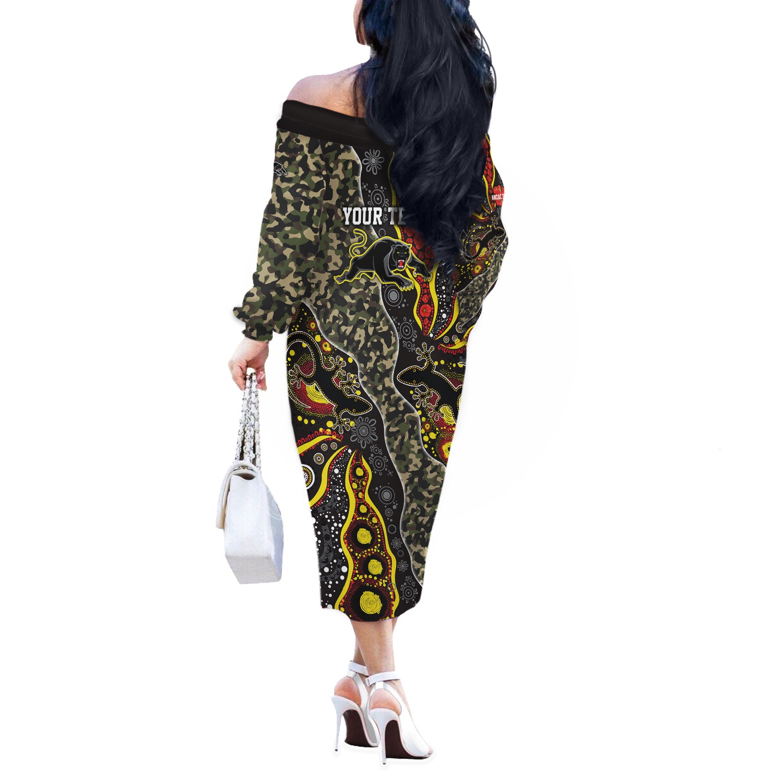 Personalized Penrith Panthers ANZAC Off The Shoulder Long Sleeve Dress Aboriginal Indigenous Poppy Panther Warrior
