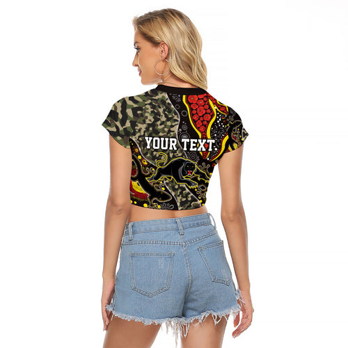 Personalized Penrith Panthers ANZAC Raglan Cropped T Shirt Aboriginal Indigenous Poppy Panther Warrior