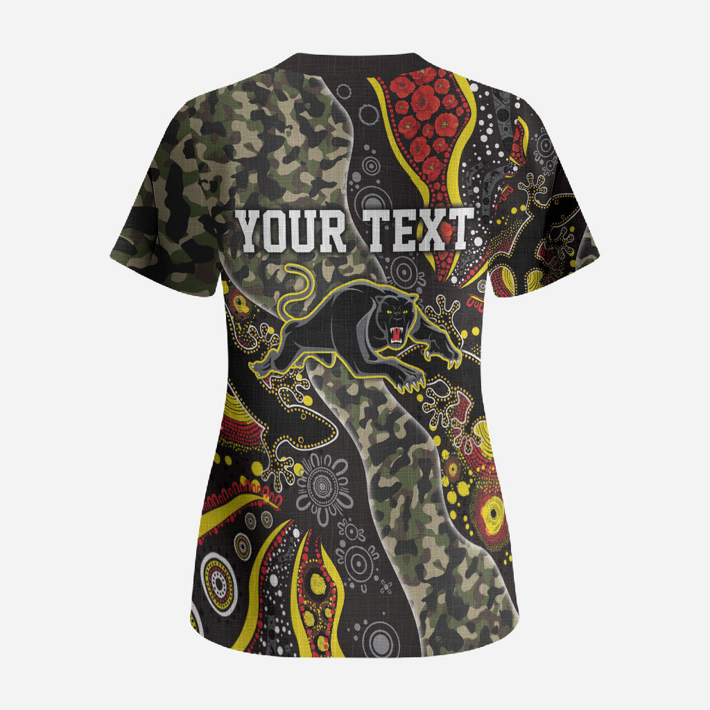 Personalized Penrith Panthers ANZAC Scrub Top Aboriginal Indigenous Poppy Panther Warrior