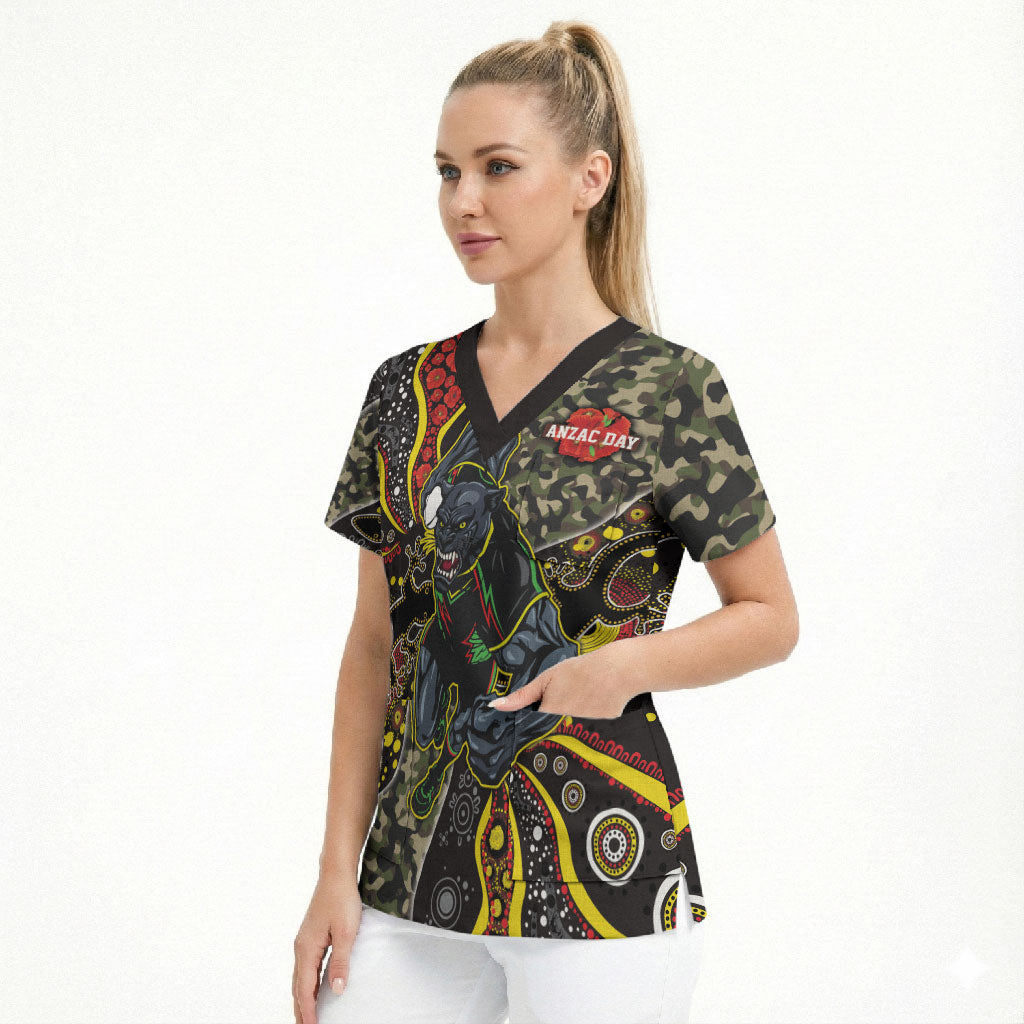 Personalized Penrith Panthers ANZAC Scrub Top Aboriginal Indigenous Poppy Panther Warrior