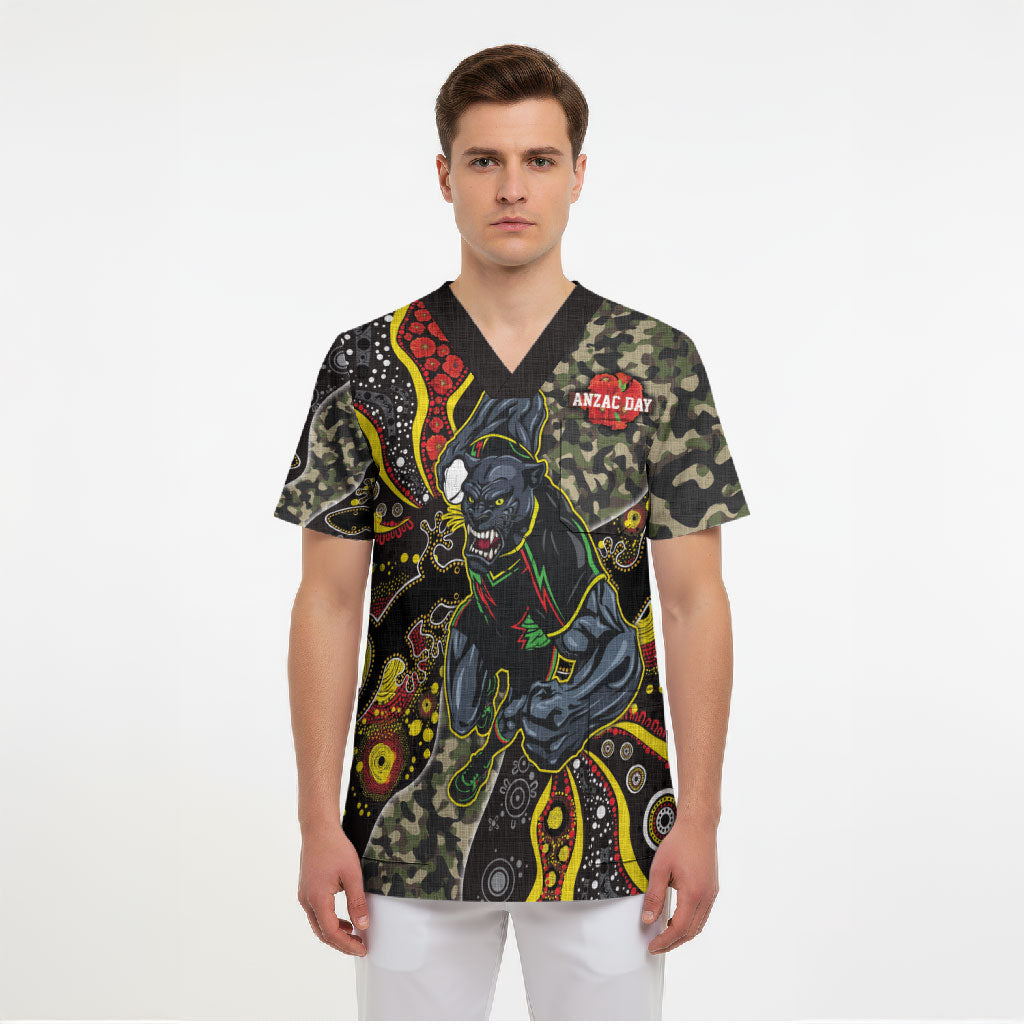 Personalized Penrith Panthers ANZAC Scrub Top Aboriginal Indigenous Poppy Panther Warrior