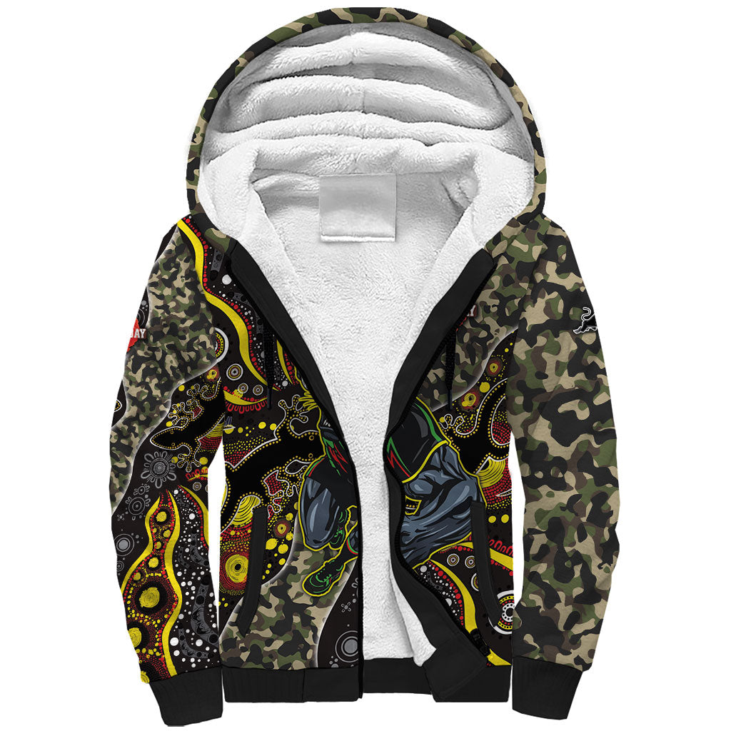 Personalized Penrith Panthers ANZAC Sherpa Hoodie Aboriginal Indigenous Poppy Panther Warrior