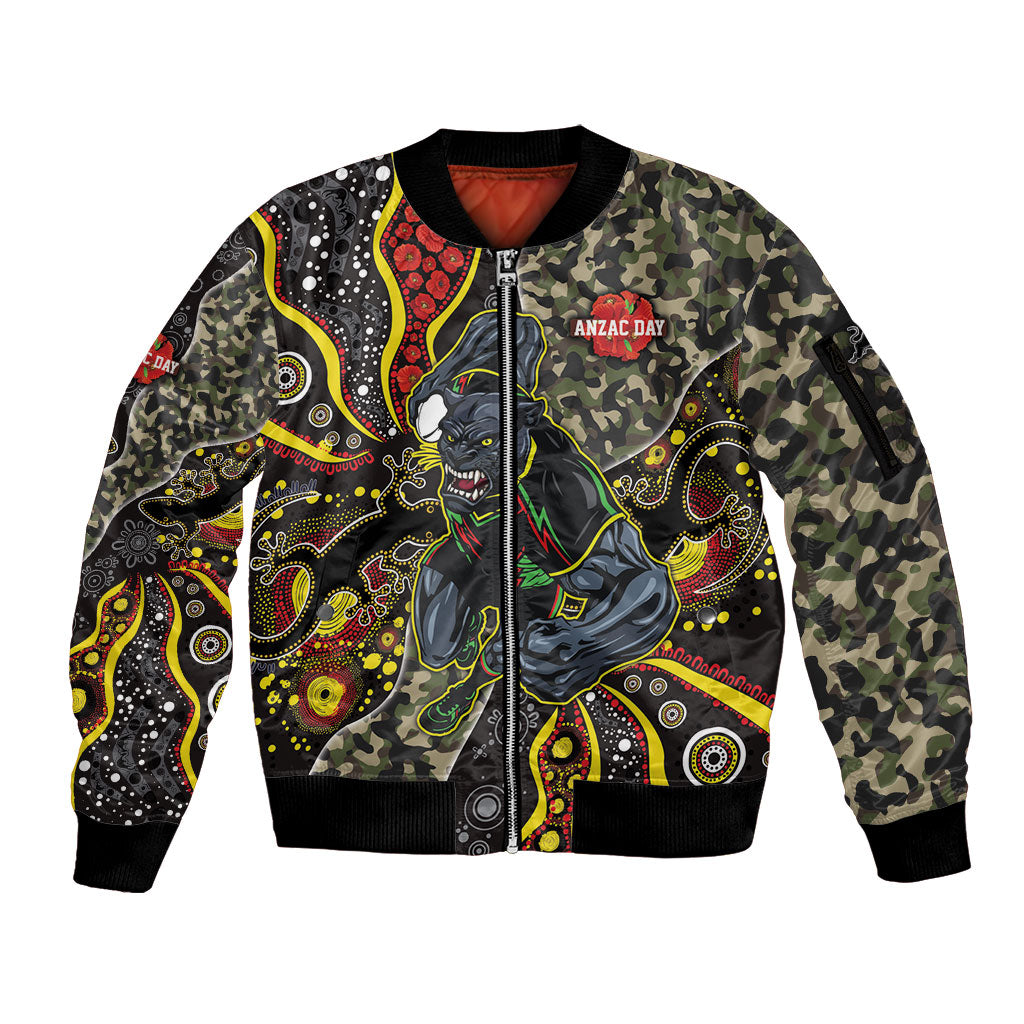 Personalized Penrith Panthers ANZAC Sleeve Zip Bomber Jacket Aboriginal Indigenous Poppy Panther Warrior