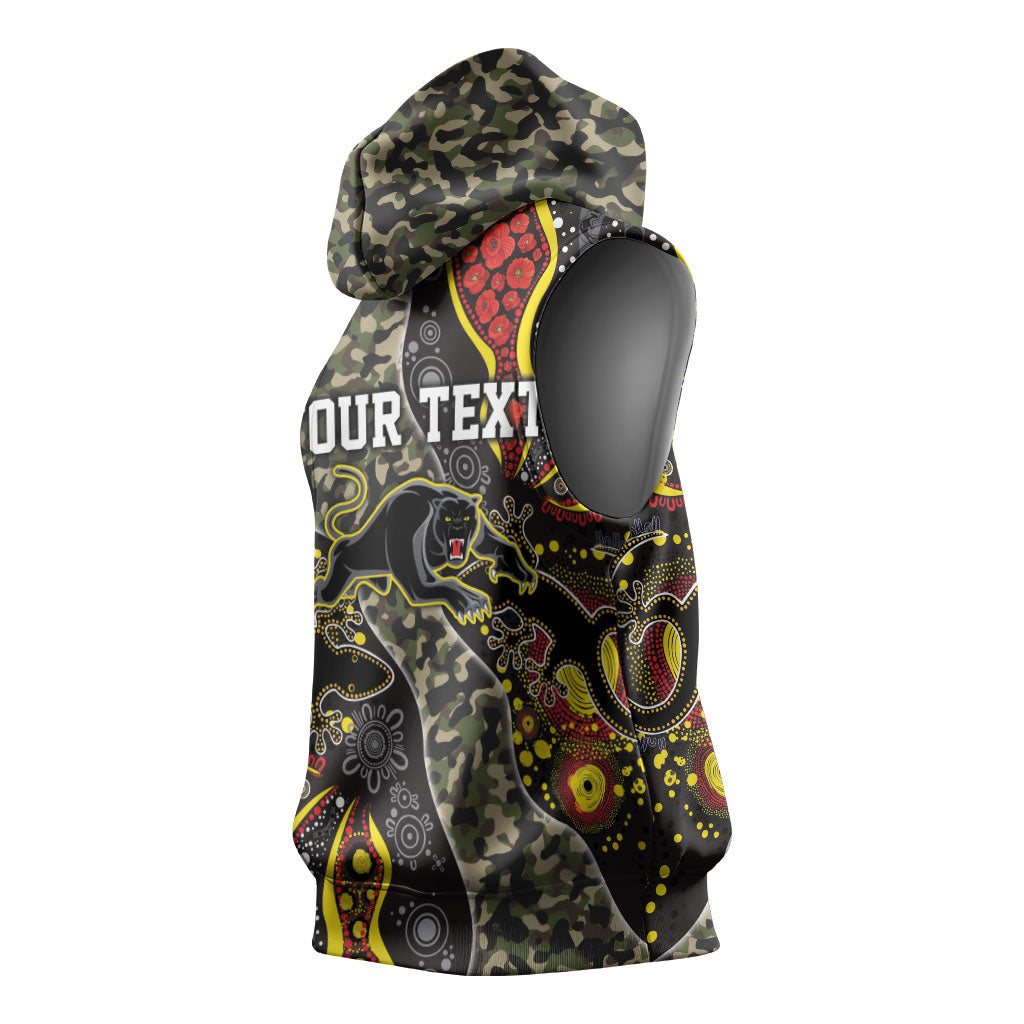 Personalized Penrith Panthers ANZAC Sleeveless Hoodie Aboriginal Indigenous Poppy Panther Warrior