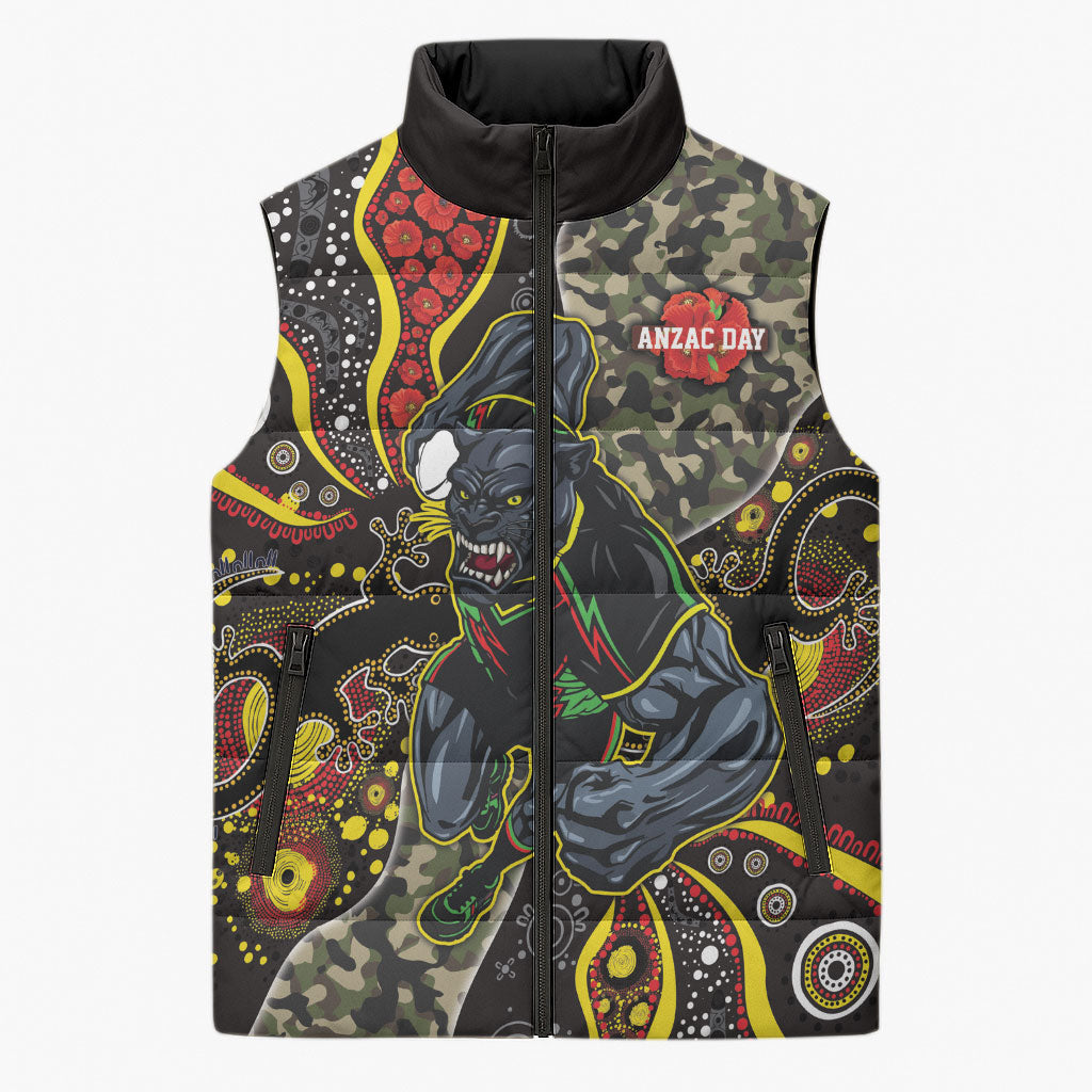 Personalized Penrith Panthers ANZAC Sleeveless Puffer Jacket Aboriginal Indigenous Poppy Panther Warrior