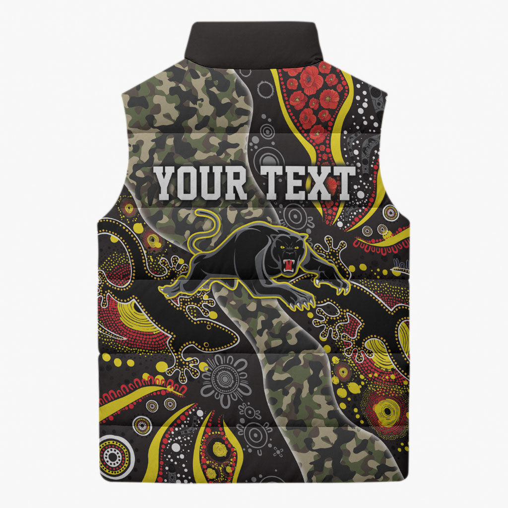 Personalized Penrith Panthers ANZAC Sleeveless Puffer Jacket Aboriginal Indigenous Poppy Panther Warrior