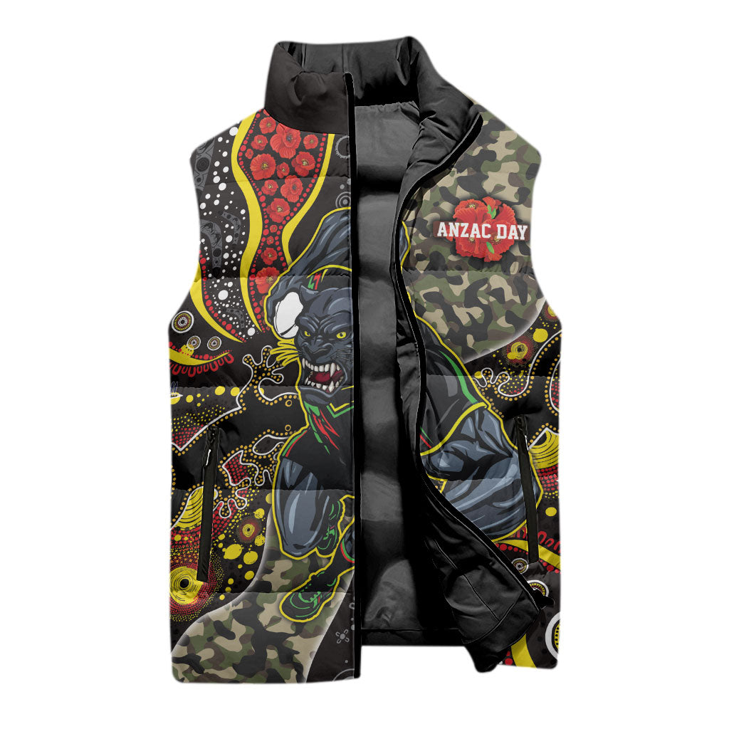 Personalized Penrith Panthers ANZAC Sleeveless Puffer Jacket Aboriginal Indigenous Poppy Panther Warrior