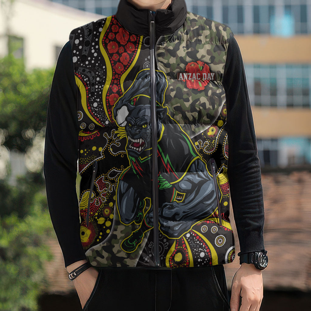 Personalized Penrith Panthers ANZAC Sleeveless Puffer Jacket Aboriginal Indigenous Poppy Panther Warrior