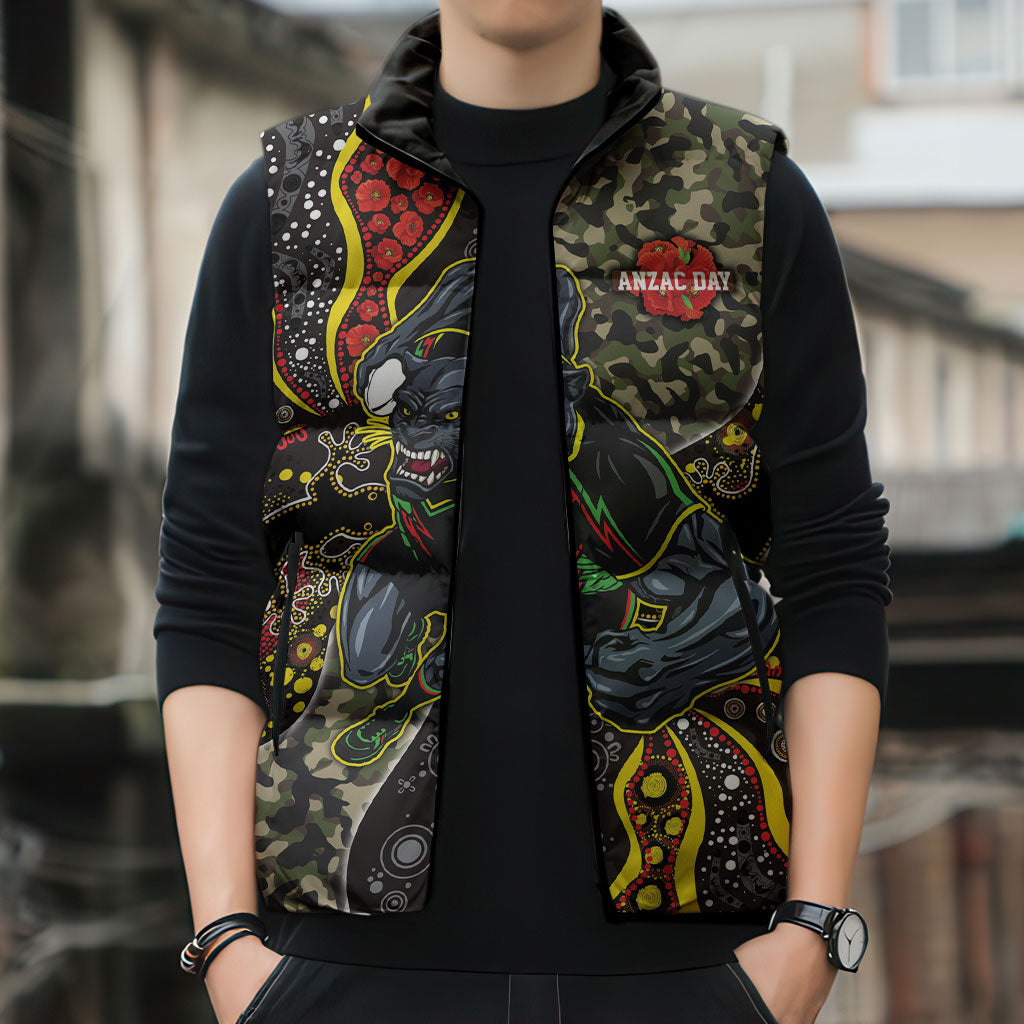 Personalized Penrith Panthers ANZAC Sleeveless Puffer Jacket Aboriginal Indigenous Poppy Panther Warrior