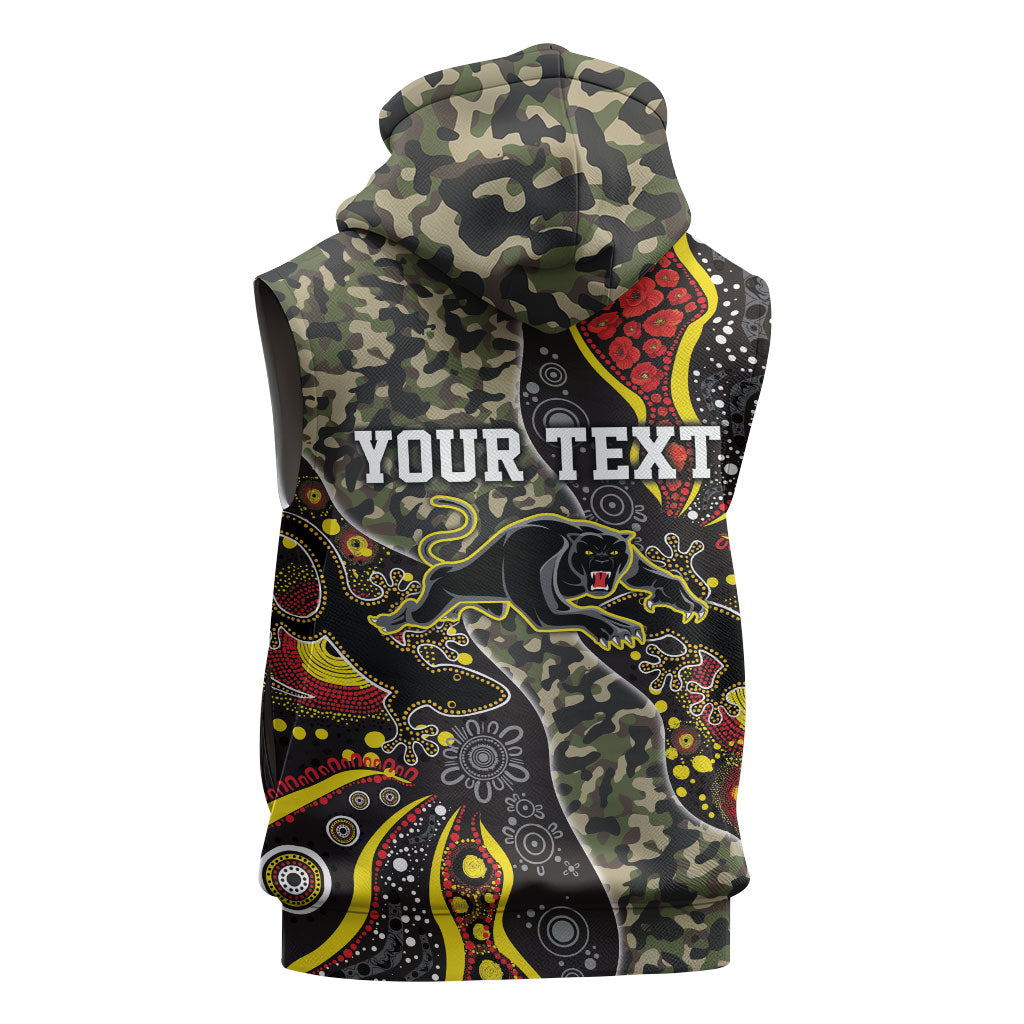 Personalized Penrith Panthers ANZAC Sleeveless Zip Hoodie Aboriginal Indigenous Poppy Panther Warrior