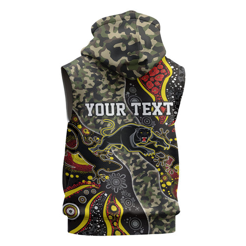 Personalized Penrith Panthers ANZAC Sleeveless Zip Hoodie Aboriginal Indigenous Poppy Panther Warrior