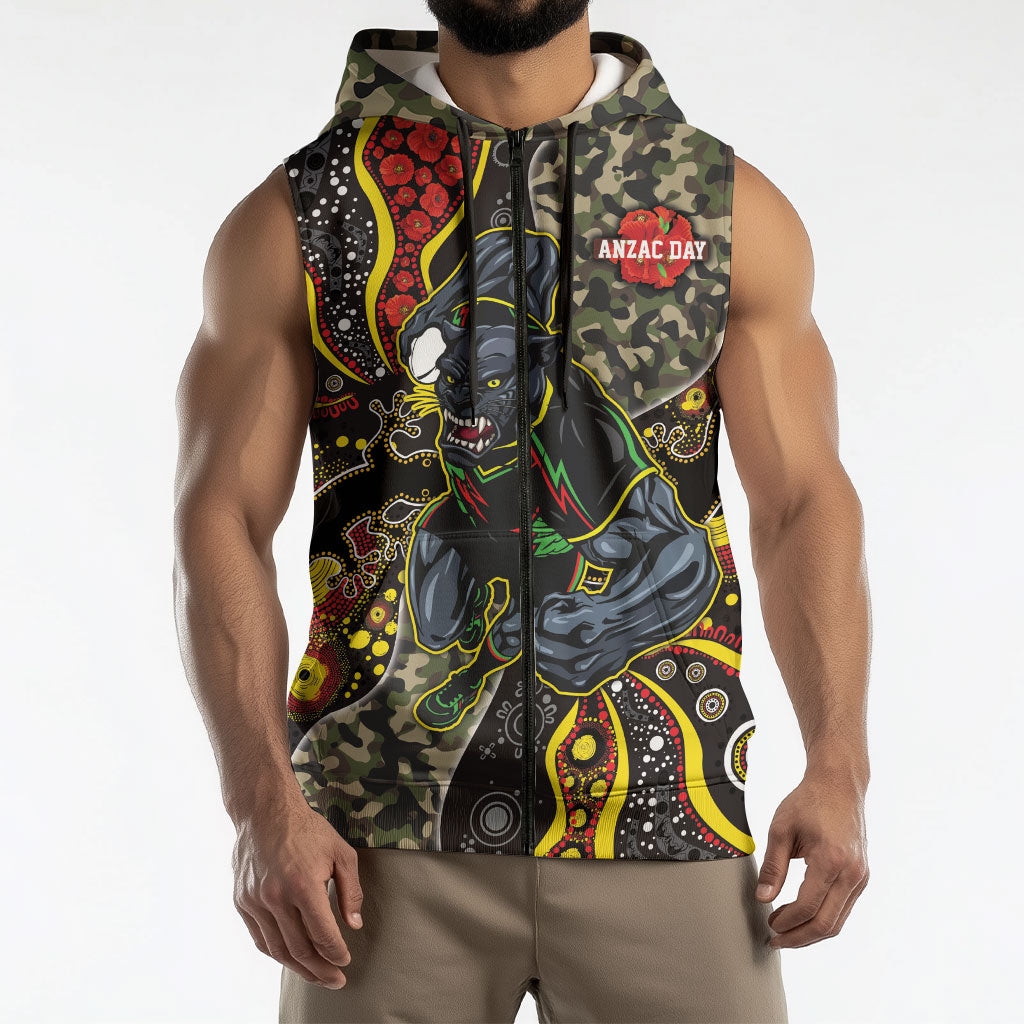 Personalized Penrith Panthers ANZAC Sleeveless Zip Hoodie Aboriginal Indigenous Poppy Panther Warrior