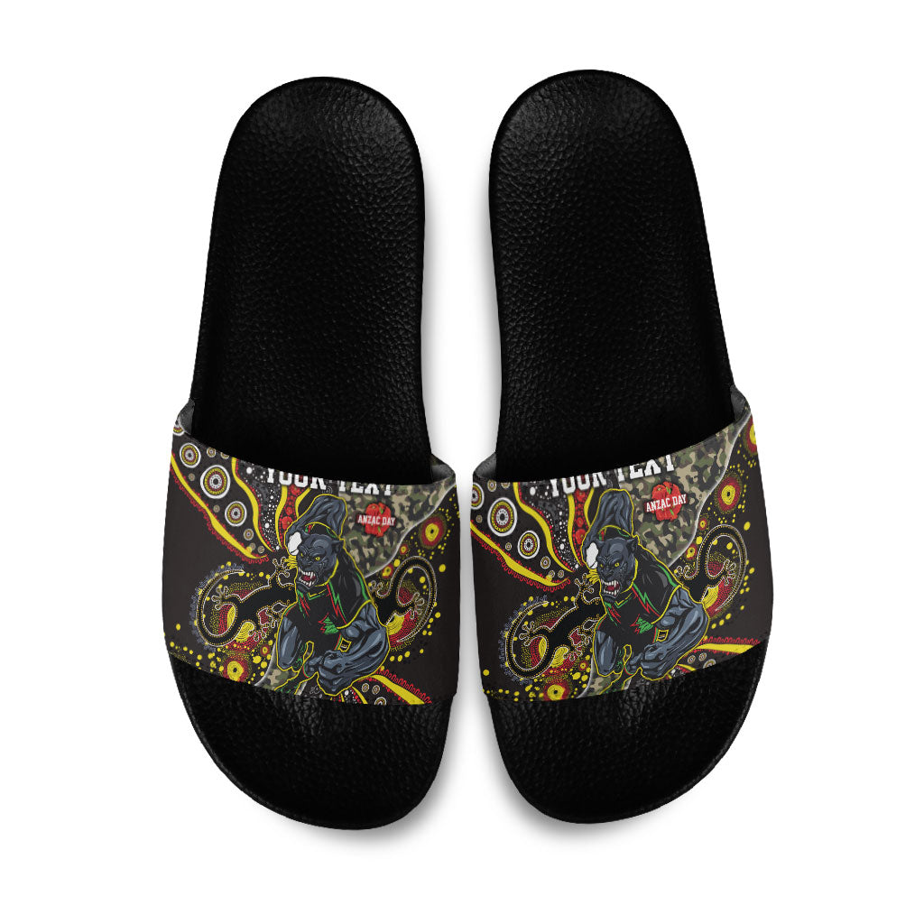 Personalized Penrith Panthers ANZAC Slide Sandals Aboriginal Indigenous Poppy Panther Warrior