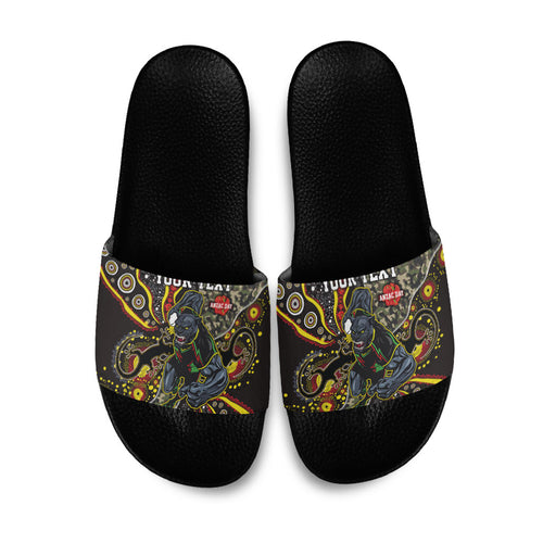 Personalized Penrith Panthers ANZAC Slide Sandals Aboriginal Indigenous Poppy Panther Warrior