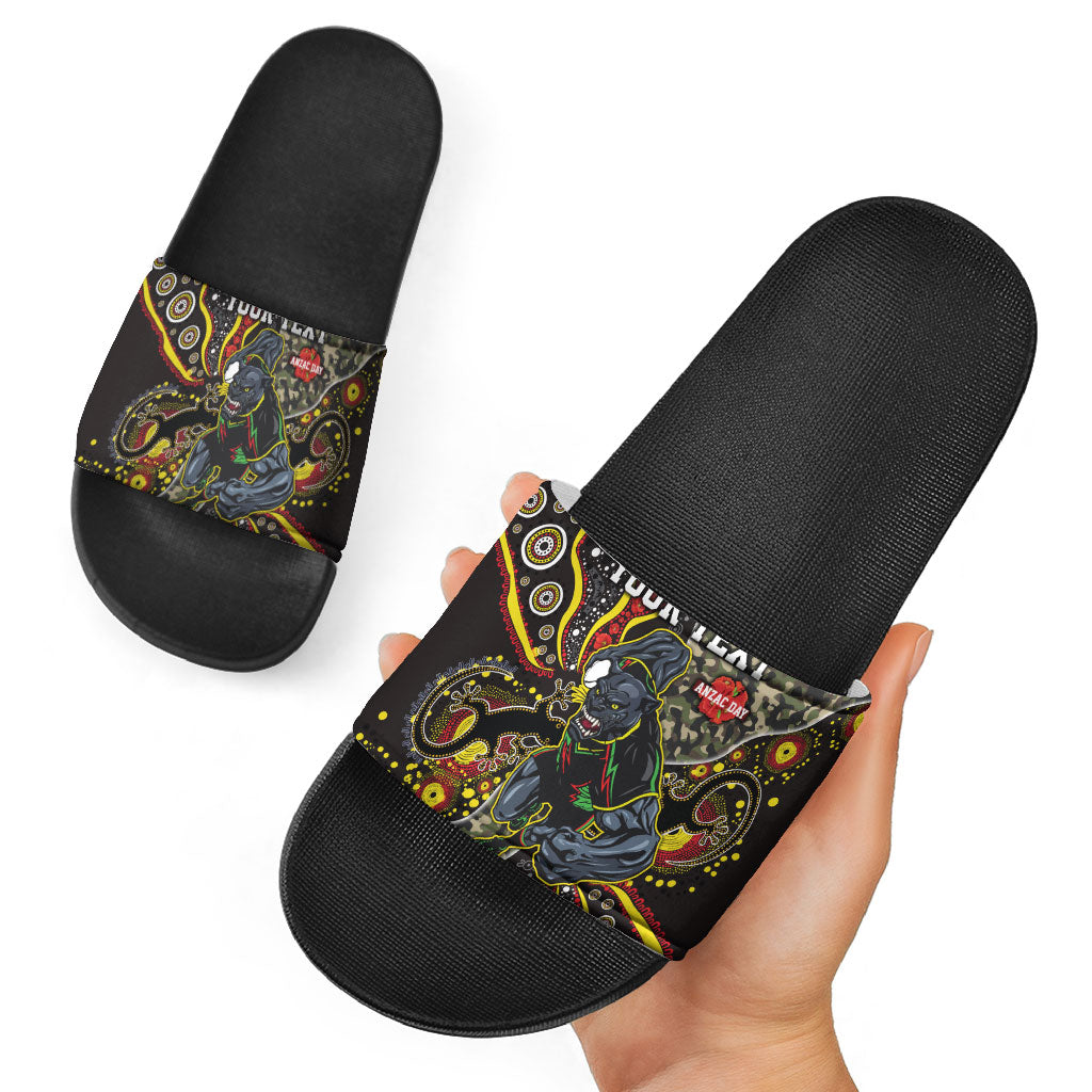 Personalized Penrith Panthers ANZAC Slide Sandals Aboriginal Indigenous Poppy Panther Warrior