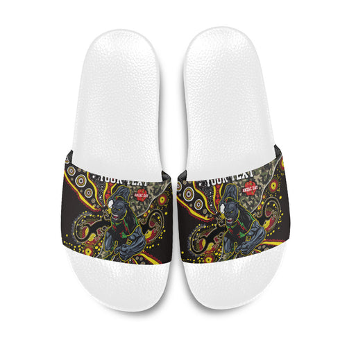 Personalized Penrith Panthers ANZAC Slide Sandals Aboriginal Indigenous Poppy Panther Warrior