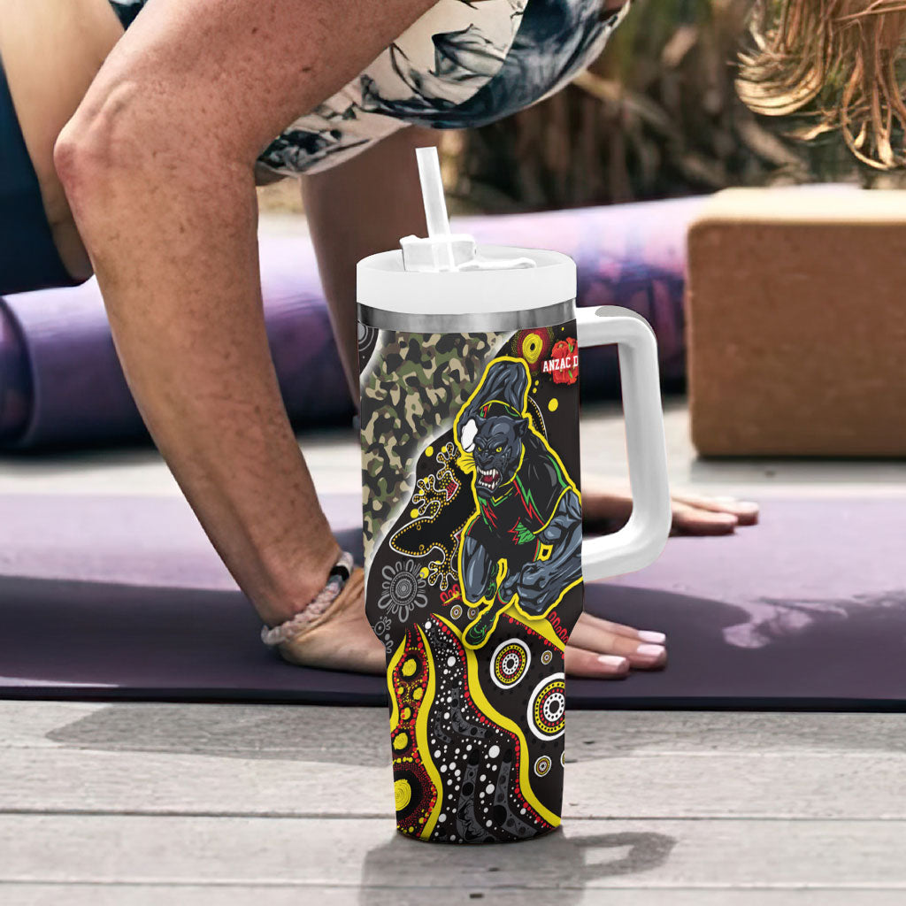 Personalized Penrith Panthers ANZAC Tumbler With Handle Aboriginal Indigenous Poppy Panther Warrior