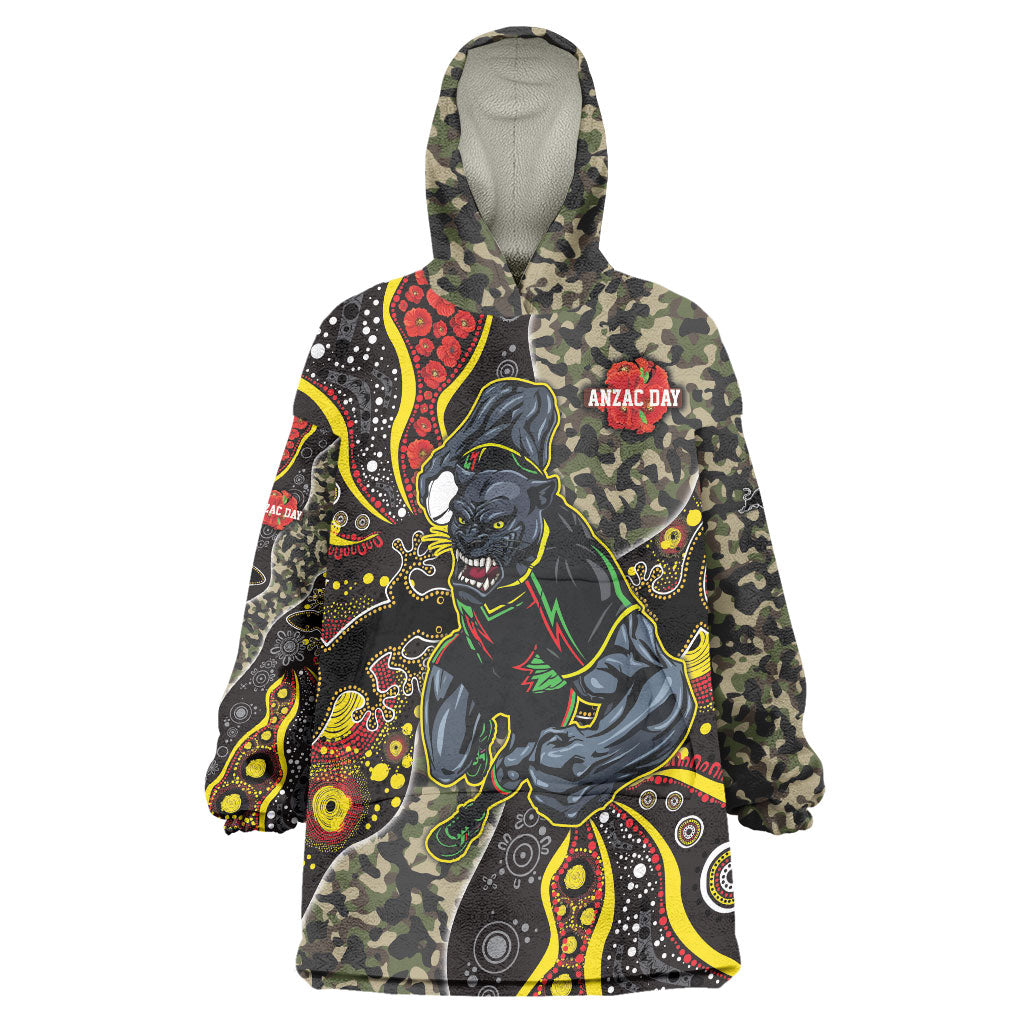 Personalized Penrith Panthers ANZAC Wearable Blanket Hoodie Aboriginal Indigenous Poppy Panther Warrior